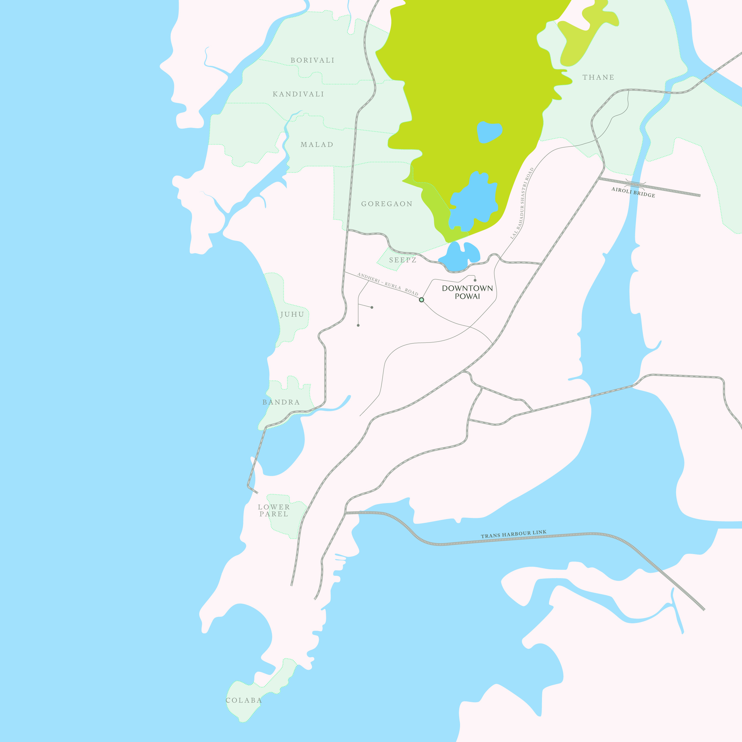 Map illustrating the location of Downtown Powai and its connectivity to surrounding regions and landmarks in Mumbai