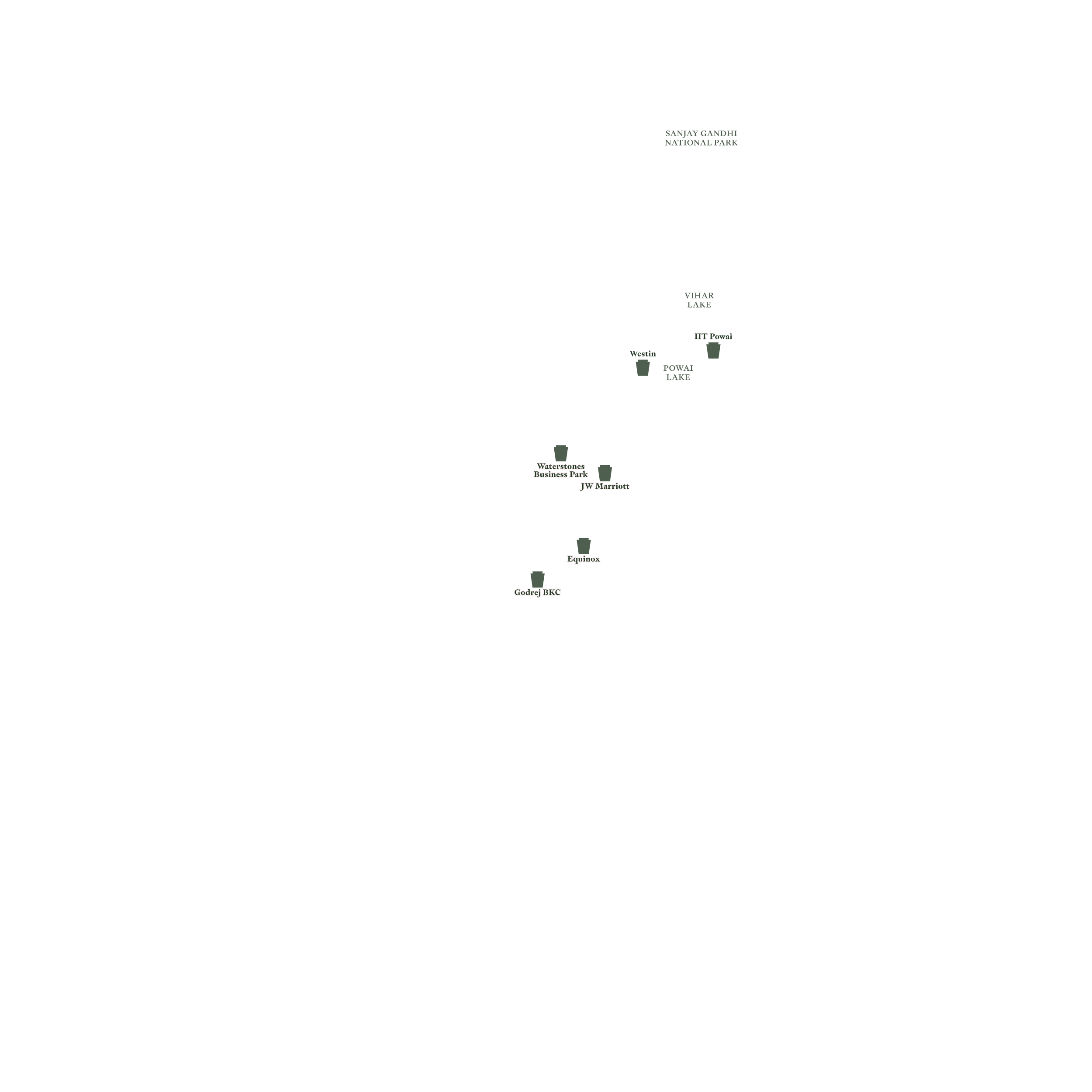 Map illustrating the location of Downtown Powai and its connectivity to surrounding regions and landmarks in Mumbai