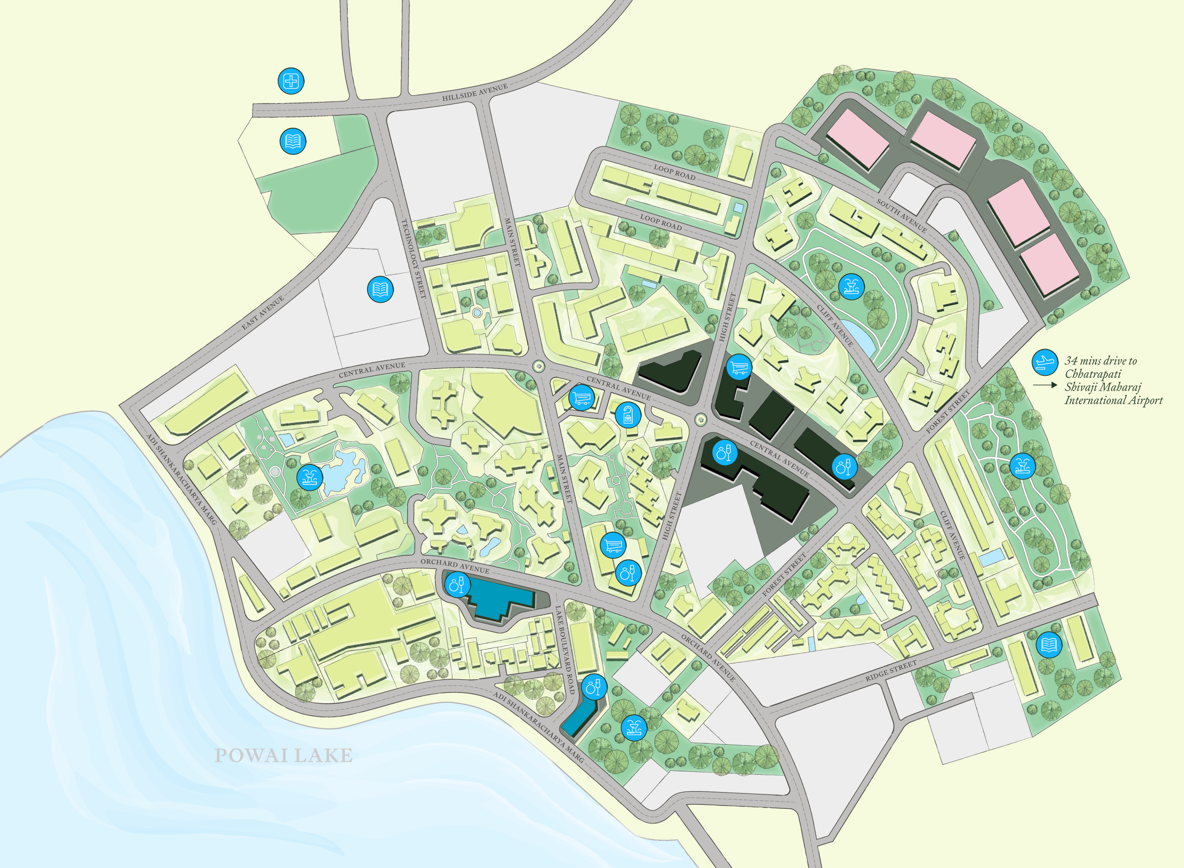 Site plan of One Orchard Avenue at Hiranandani Gardens, Powai. The map highlights key locations within the area including 'One Orchard Avenue' labeled in blue at the bottom, 'One Boulevard' to the right of One Orchard Avenue, 'Delphi' just above One Orchard Avenue, 'Transocean House' at the top right, 'Hiranandani Business Park' towards the top left, 'One South Avenue' at the top right in pink, and 'One Central Avenue' at the center in black. The areas of 'One South Avenue' include Fairmont, Winchester, Kensington A, and Kensington B. The areas of 'One Central Avenue' include Sigma, Delta, Alpha, Crystal House, Spectra, and Ventura. The map also shows other buildings and landmarks within the Hiranandani Gardens area.