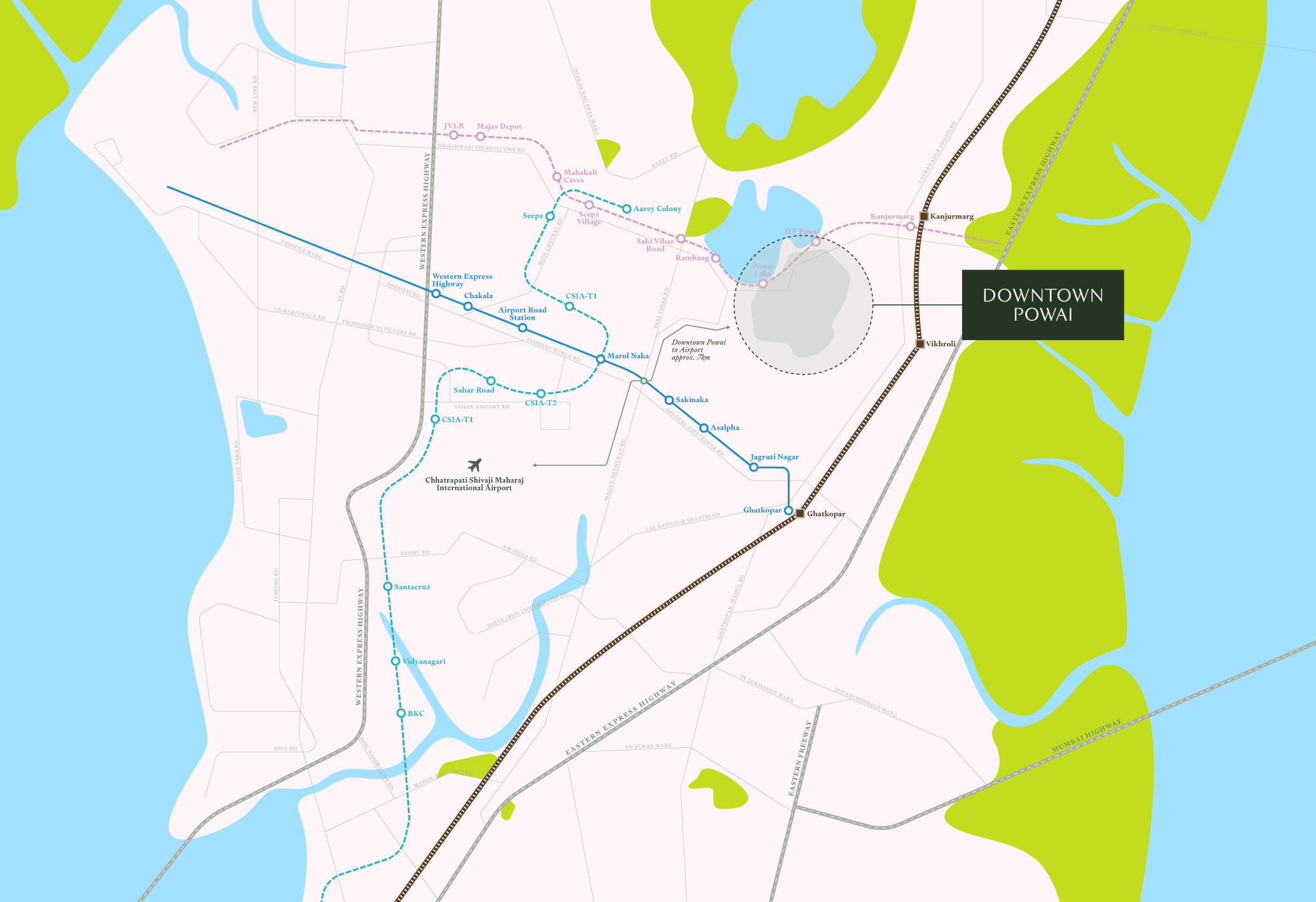 Detailed map of Downtown Powai and surrounding areas, highlighting major routes, landmarks, and points of interest in Mumbai
